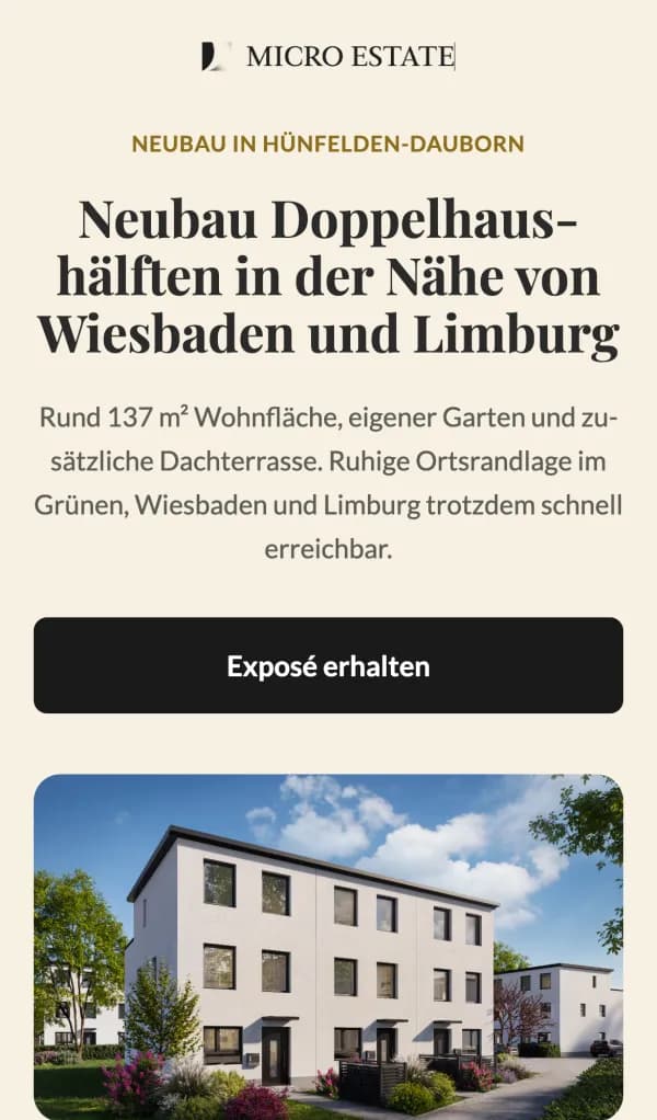 Landingpage Micro Estate, Hünfelden-Dauborn, Startbildschirm
