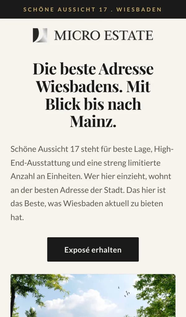 Landingpage Micro Estate, Schöne Aussicht 17, Startbildschirm