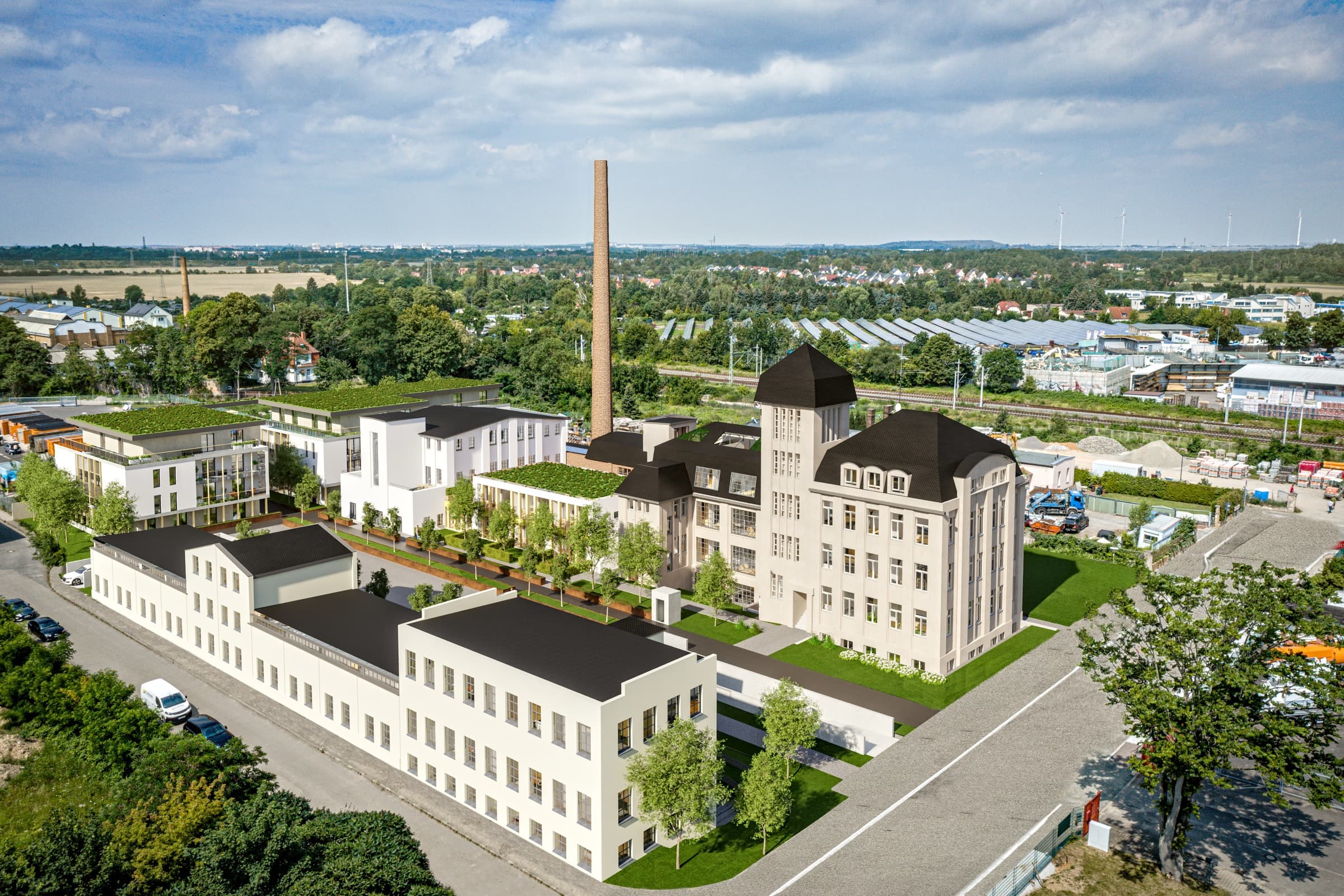 Denkmalgeschützte Fabrik mit Schornstein aus der Luft